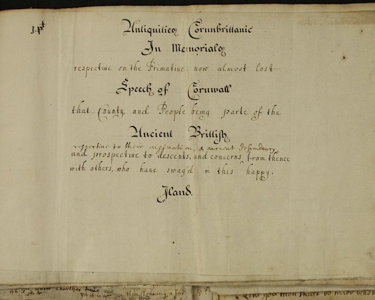 kresenkernow's tweet image. For today&apos;s @HeritageFundUK #heritagetreasures we&apos;ve chosen William Scawen&apos;s manuscript &apos;Antiquities Cornubrittanic’ from 1688.  Realising the Cornish language was dying out, he wrote several manuscripts including this one.  #kernewek #cornishlanguage @HeritageFundL_S