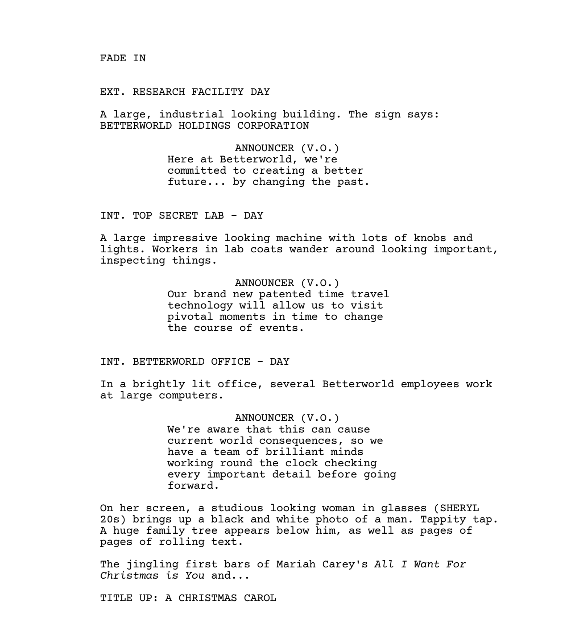 Back on my bullshit, trying to fight the January blahs with this stunt script. #firstpagefriday #1stpagefriday 
A Christmas Carol: Two friends must repair the space time continuum when they kidnap 90's Mariah Carey as a secret Santa gift for their boss.