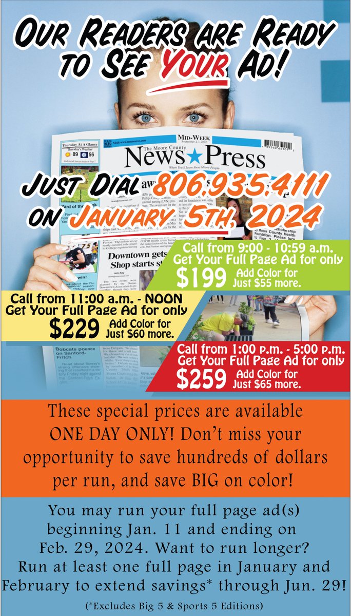 mcnewspress's tweet photo. Advertisers, don't miss this opportunity to save BIG on full page ads in the News-Press. Today only, call in and reserve your full page(s) for only $199 per run (plus optional $55 color). Must call before 11 a.m. to lock in this price. 806-935-4111. https://t.co/mLeD50g2WS