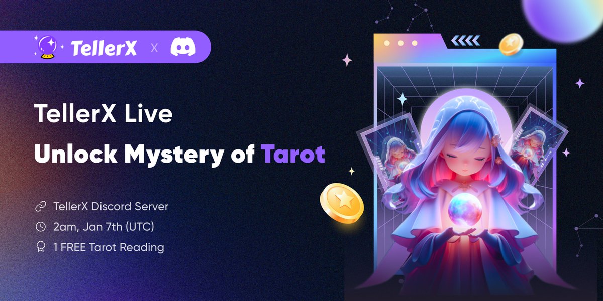 TellerXLabs's tweet photo. Get ready, Fam! Brace yourselves for the new #TellerXLive! 🎉

Feeling pumped up for 2024? Let the incredible tarot master Helder @WeeklyTarot lead us to the answer. 🔮

Join us here 👇
🔗 https://t.co/P4w3370xYQ
🗓️ January 7th, 2am (UTC)

Let's dive into the captivating world of tarot together and unravel its mysteries! 🌟