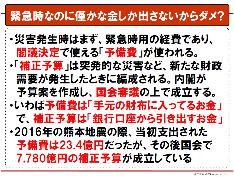 nittaryo's tweet image. 今回もまた、いつものが出ましたね。
「ウクライナには6,500億円、万博の屋根には344億円出してるのに、能登半島地震には40億円しか出さないのか!?」
ってやつ。…