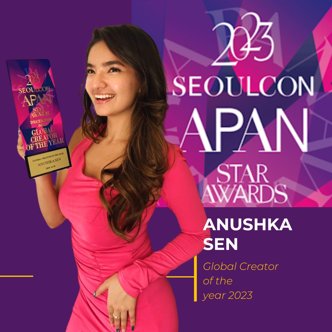 BigBangSocl's tweet photo. Happy to announce that our exclusive talent Anushka Sen has been awarded the Global Creator of the Year Award in Korea at Seoulcon APAN Star Awards which has been bestowed by the Seoul Government. https://t.co/J3OENA2Ojn