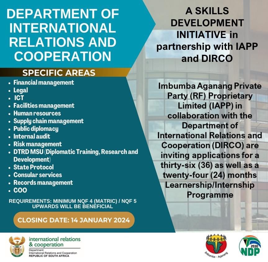 INTERNSHIP | Apply for a Learnership/Internship Programme at #DIRCO. The programme will contribute towards Skills Development &amp; giving unemployed graduates an opportunity to gain experience in various areas. 

Closing date: 14 January 2024.

Info: ➡️ iappdirco.breezy.hr