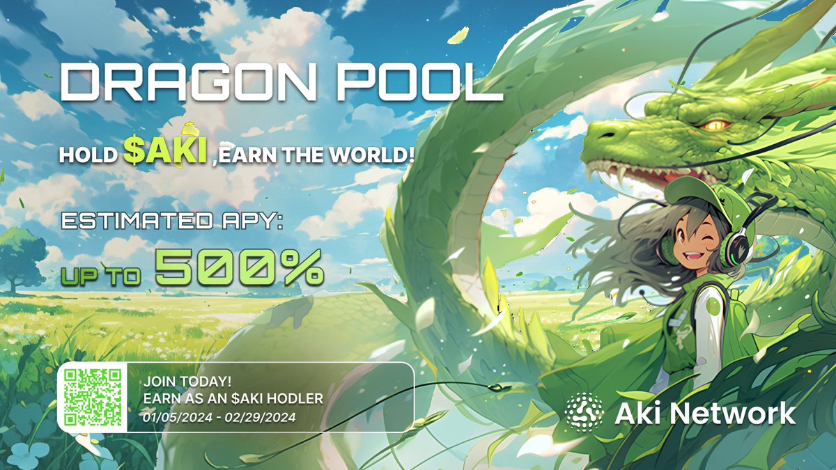 aki_protocol's tweet photo. Intro Dragon Pool: Enjoy 500% APY with your $AKI!

#AkiNetwork is pleased to celebrate the DRAGON YEAR with $20k+ rewards:

👉Join with just 1,500+ $AKI
🎁Receive $SILLY, $USDT, $ACE, $GMT, @GasHeroOfficial NFTs & more
🔜 https://t.co/ACGGTWjYD4

HOLD $AKI, EARN THE WORLD!

---
🗓️ Dragon Pool duration: join before Feb 29, 2024
✨ Join with as little as 1,500 $AKI
❗️ DO NOT remove any $AKI from your wallet during the Dragon Pool period
🏆 Special 100 $SILLY for the first 20 users who joined Dragon Pool with over 5,000 $AKI during the first week of launch !

Enjoy our ride with Aki-chan and the Year of Dragon!
#YearofDragon #AkiNetwork #Akichan #DragonPool