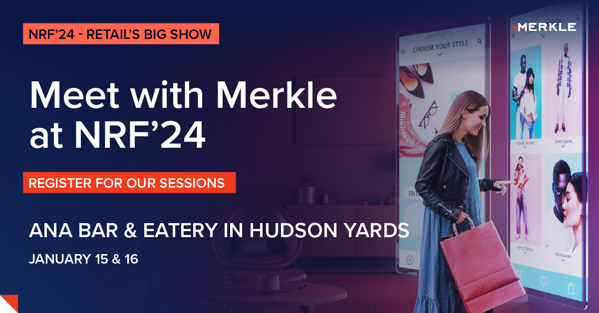 Prepared for the changing retail calendar, digital shelf life, or commerce landscape? Join Merkle’s Chirag Shah, Holden Bale, @Google’s Kellie Fitzgerald, and others for three sessions during the @NRFnews #NRF2024 show in NYC on Jan 16 to learn more: ow.ly/aMBB50QnX7A