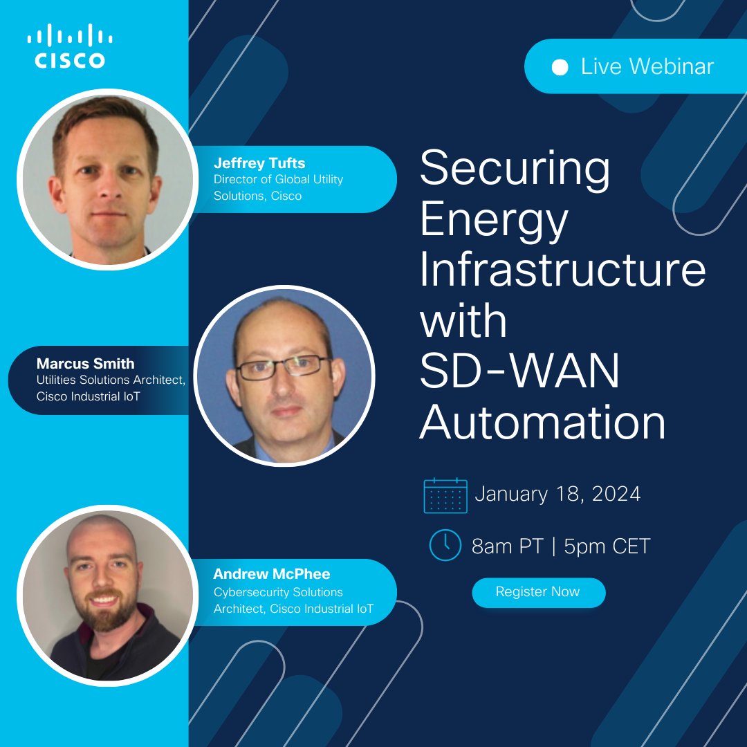 CiscoIIoT's tweet image. Register for this #CiscoIoT webinar. We&apos;ll discuss why #PowerUtilities and #RenewableEnergy companies need a highly scalable wide area network to run and secure their production and distribution infrastructures. 

🗓️ Jan 18, 2024 
🕗 8 AM PT | 5 PM CET 
🔗 cs.co/6011Rpt1d