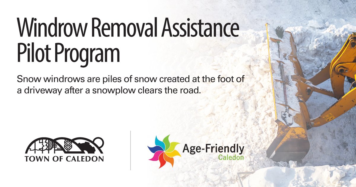 Need a little help maintaining your windrow this winter? Caledon residents age 65+ can apply for the Windrow Removal Assistance Pilot Program, which provides service from Jan – Mar 2024. Visit Caledon.ca/adult55 to learn more and apply by Jan 31.