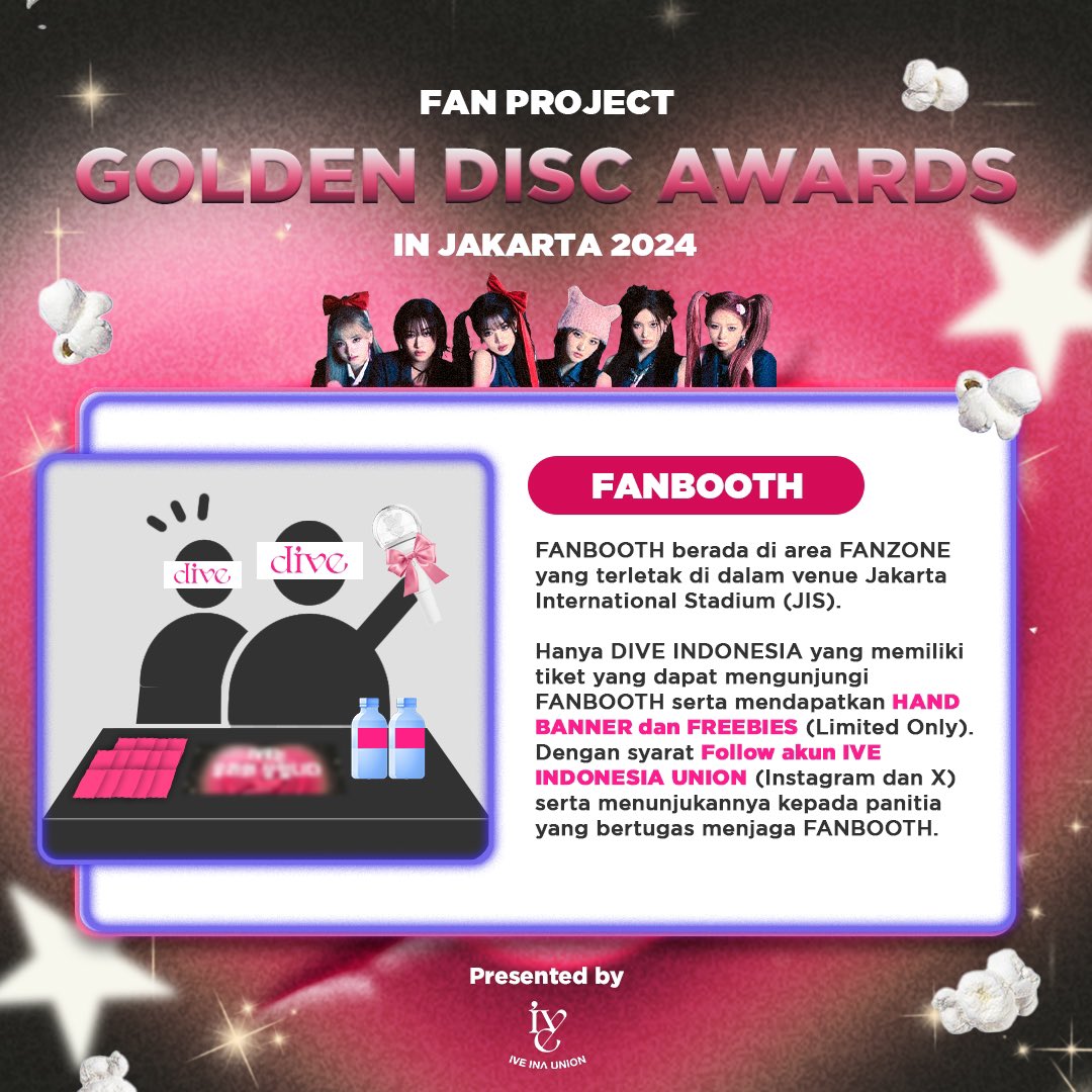 iveinaunion's tweet photo. [📣] FANZONE BOOTH PROJECT

HI DIVES! Untuk kalian yang datang untuk menonton IVE di Golden Disc Awards, bisa mengambil HAND BANNER dan FREEBIES (Limited Only) dari Team kami di FANBOOTH DIVE ya! 💕

🗓️ 6th January 2024
🕓 13.00 – 16.00 (WIB)

#IVE #아이브 #GoldenDiscAwards https://t.co/LY1D9aY37m