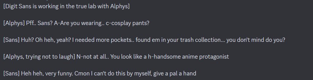ParadoxicalSage's tweet photo. I write about [Missing]tale with people I'm close to on Discord a lot but I felt the need to actually share this one with everyone

It's short, it's silly, its pants lore

Yes Digit was Alphys coworker for a while don't question it

#DigitSans #Missingtale #UndertaleAU #Pantslore https://t.co/5S6Vf4I8bT
