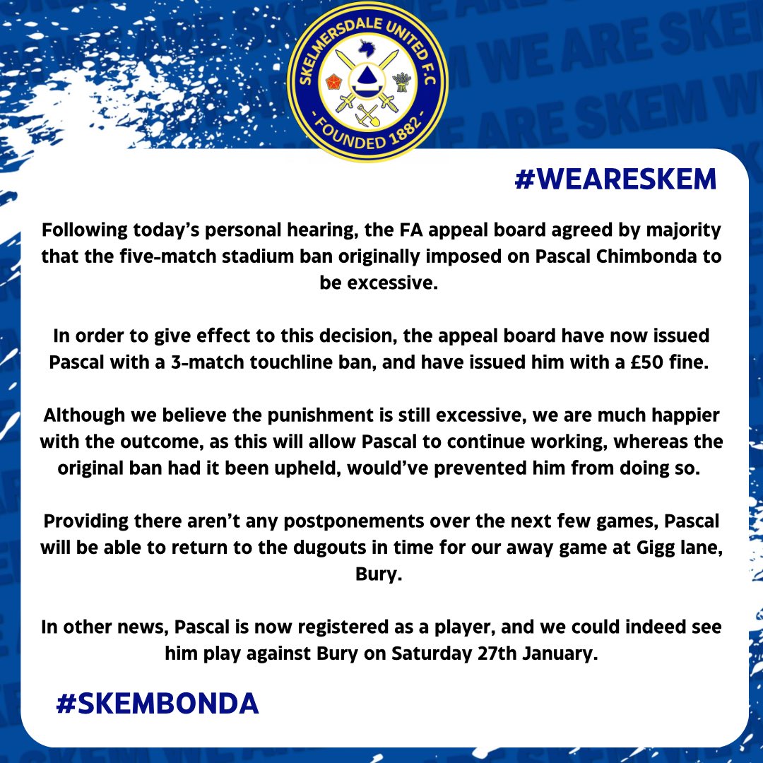 📢 Club Statement 📢

Regarding Pascal Chimbonda and his 5 match stadium ban

#WeAreSkem
#Skembonda
🔵⚪️