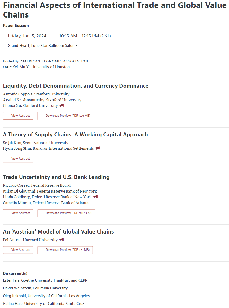 If you are in San Antonio for the #ASSA2024 Meetings, and have some spare time this morning, come check out this broad-ranged session on financial aspects of globalization.
