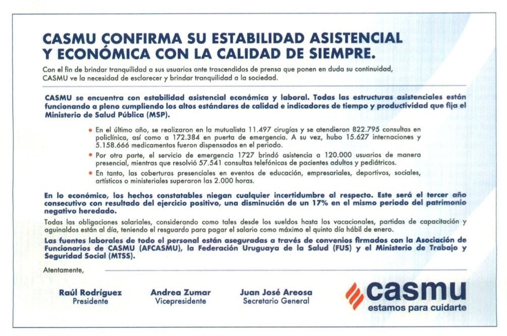 casmuoficial's tweet photo. CASMU confirma su estabilidad asistencial y económica con la calidad de siempre. @RaulGermanRodri https://t.co/XIT5bkw5VR