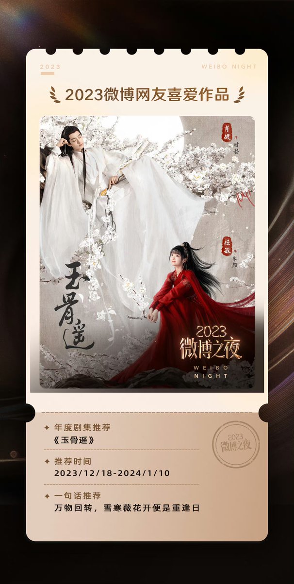 [20240105] #TheLongestPromise updated Weibo:

The drama is honored to be shortlisted as favorite 2023 drama from Weibo netizens. A journey through mountains and rivers, a dream from Jiuyi!
Let us call for good works together and witness the shining light!

#XiaoZhan #RenMin