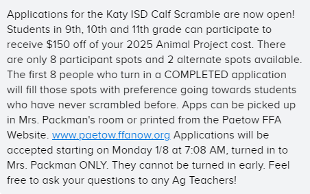 Calf Scramble Applications can begin being picked up today!