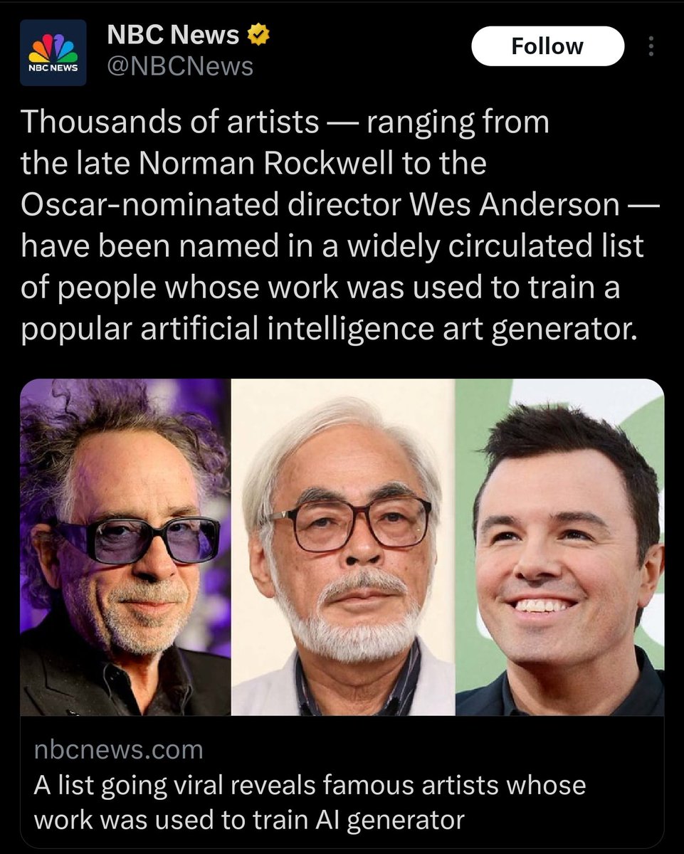 Rahll's tweet photo. NBC coverage on artists' work being stolen for AI image generators. They're leading with famous people, but they talk about the thousands of other artists and the impact on them as well. Well done @jonlamart 

https://t.co/tHiaCI8Xof https://t.co/9RAlfF18pB