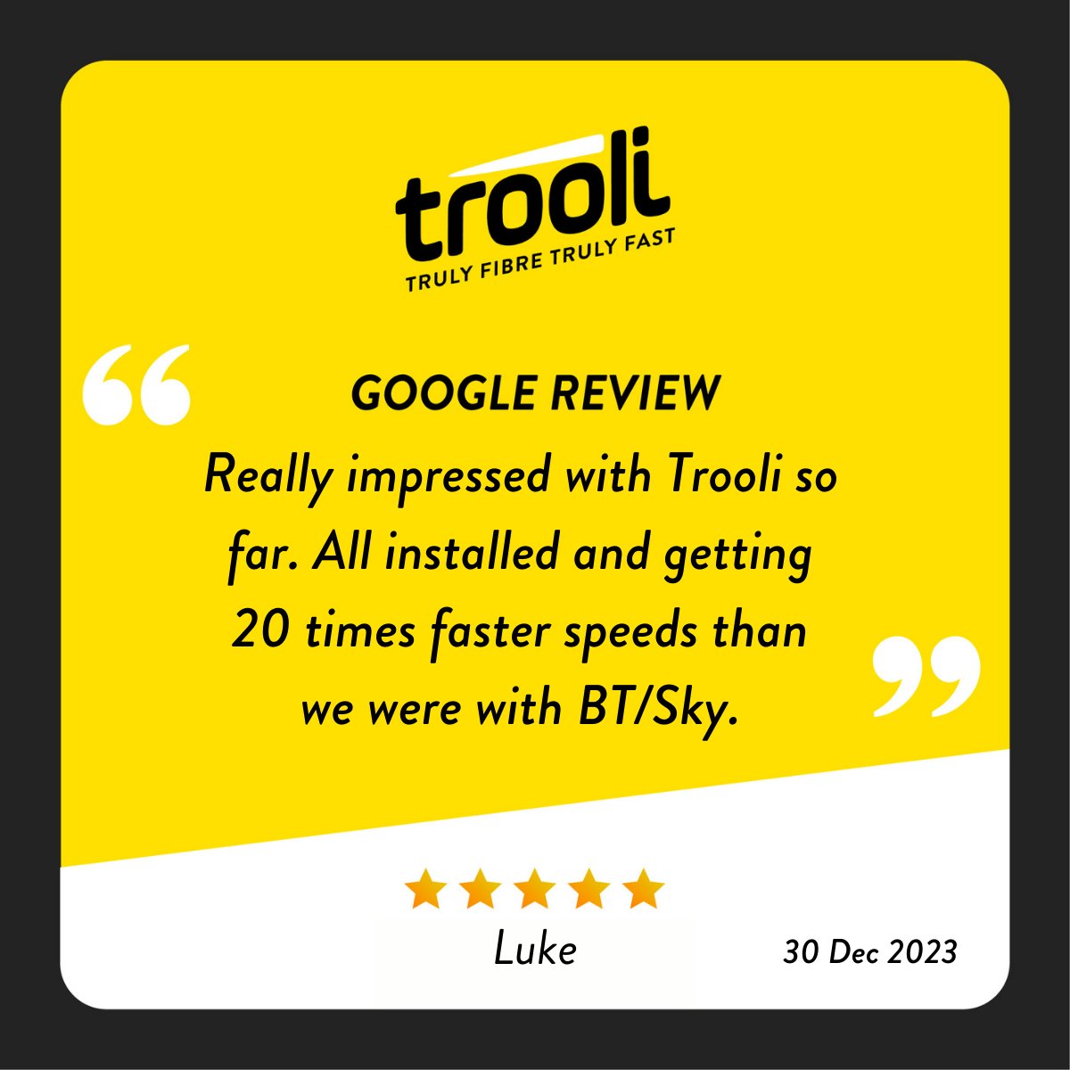 We're thrilled to share Luke's experience with Trooli! 🌟 See what our happy customer has to say about the Trooli difference.
g.page/r/CT_jHv-diwHx…

#fttp #fullfibre #feedbackfriday #positivefeedback #customertestimonial #testimonial #internetproviders