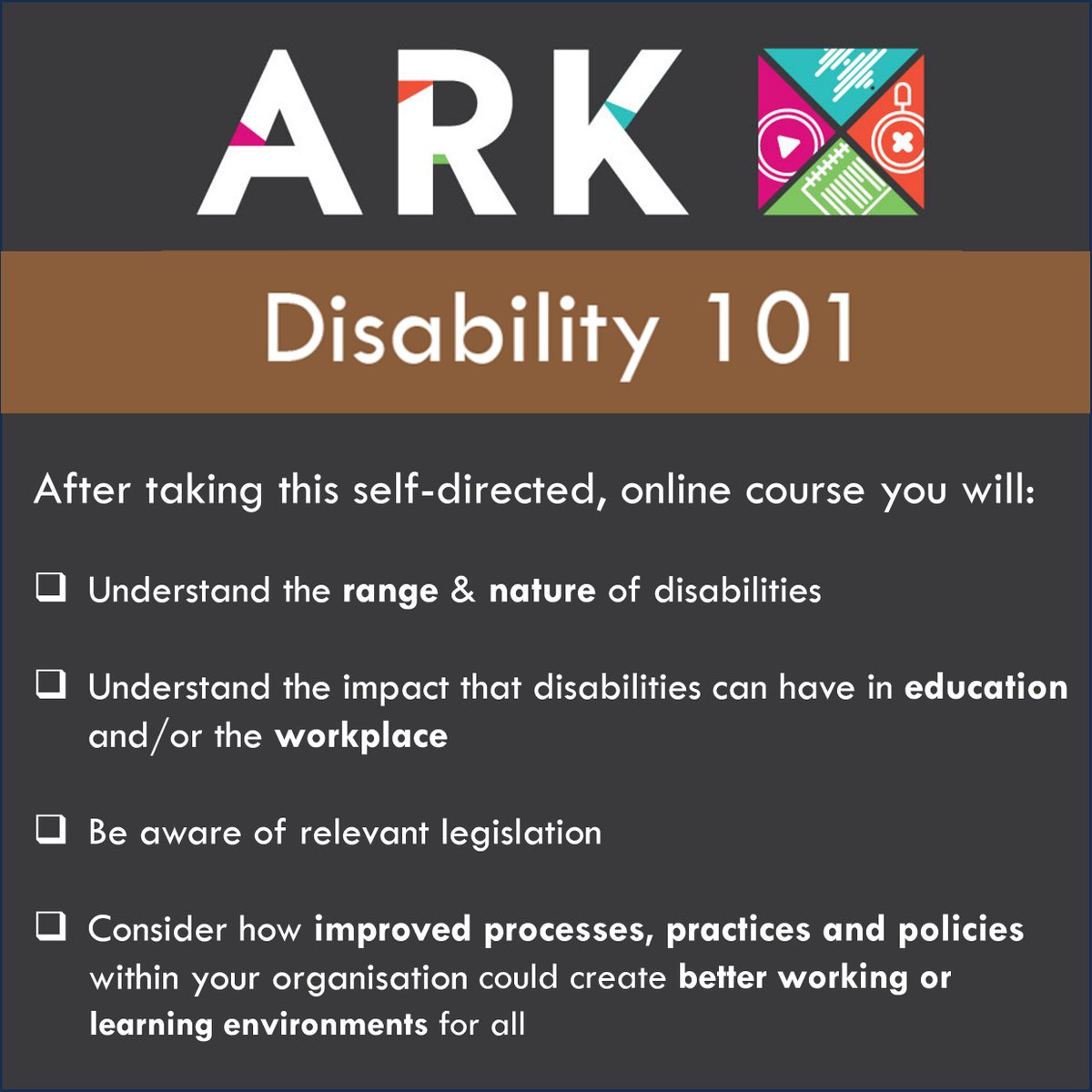 Need a new year's resolution? Why not get disability-aware with our online, self-directed course Disability 101. 90-120 mins ⌛ Receive a digital badge 🏆 Boost your ability to support people with disabilities in work & education contexts 📚 Visit - buff.ly/3Gb5hzf