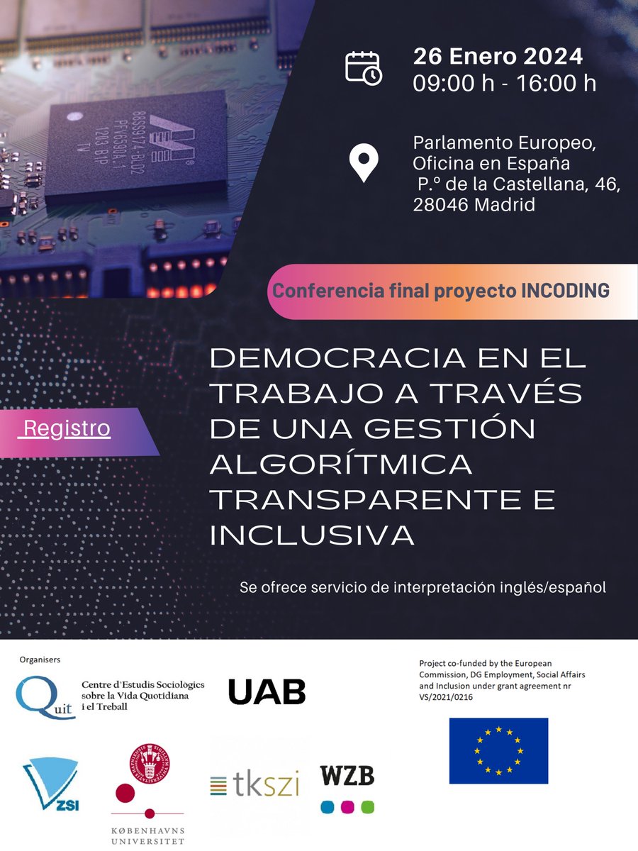 quit_uab's tweet photo. 📢Abierto el registro para participar en la conferencia final del proyecto #INCODING. Discutiremos los resultados sobre el papel de la negociación colectiva en la regulación de la #InteligenciaArtificial y los #Algorithms
📆26 enero - Madrid
➡️Inscripción https://t.co/wnRztNHNPf https://t.co/XVZOI6GOq7