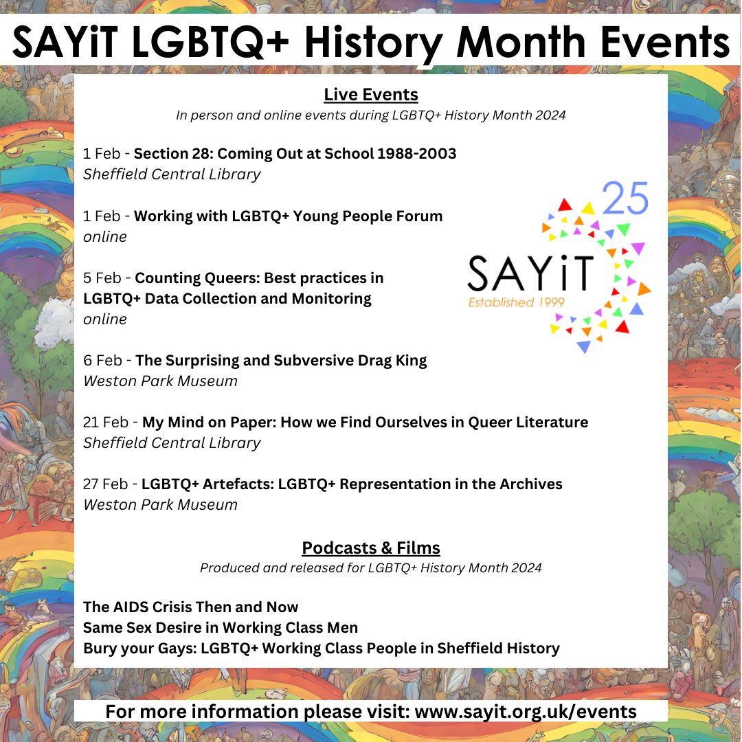 SAYiT have a range of talks and events to celebrate LGBTQ+ History Month, February 2024! For more information please visit: sayit.org.uk/events