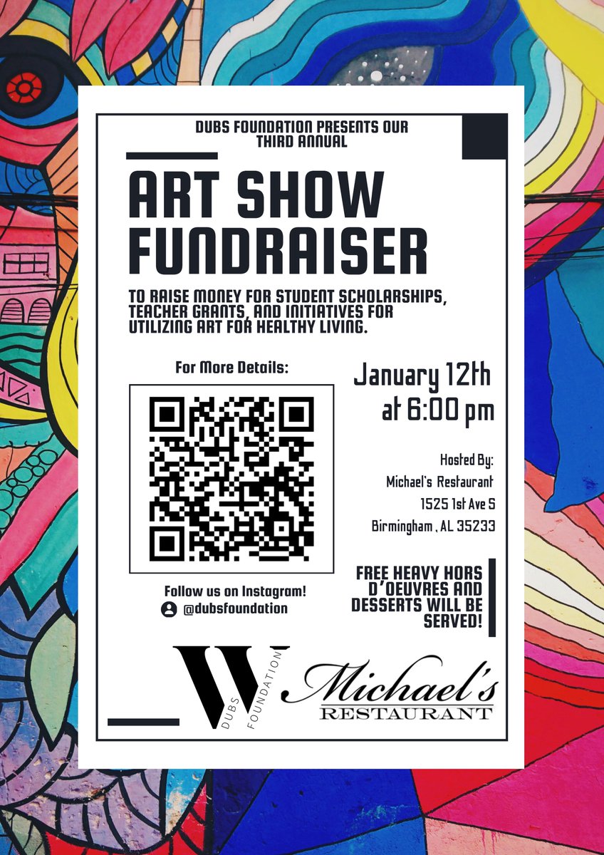 DubsFoundation's tweet photo. We will be hosting an art show fundraiser on next Friday (Jan. 12th) at the fine-dining Michael's Restaurant next door to Regions Field in Birmingham!! Free heavy hors d’oeuvres and free valet parking will be provided. You can find more information at the link in bio! https://t.co/RwSKoRLAZU