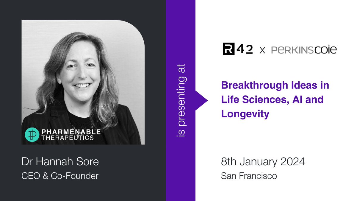 Our CEO Dr Hannah Sore is delighted to present today at the R42 x Perkins Coie's event: Breakthrough Ideas in Life Sciences, AI and Longevity. Hannah is sharing how we use AI to bring the specificity of biologics to small molecule drug design. Join us: lu.ma/jwnikezf