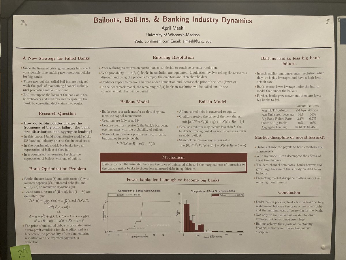 Excited to be presenting my JMP at the AFA poster session at #ASSA2024! You can learn more about the effects of bail-in policies on banking industry dynamics by stopping by the Marriott Rivercenter today!