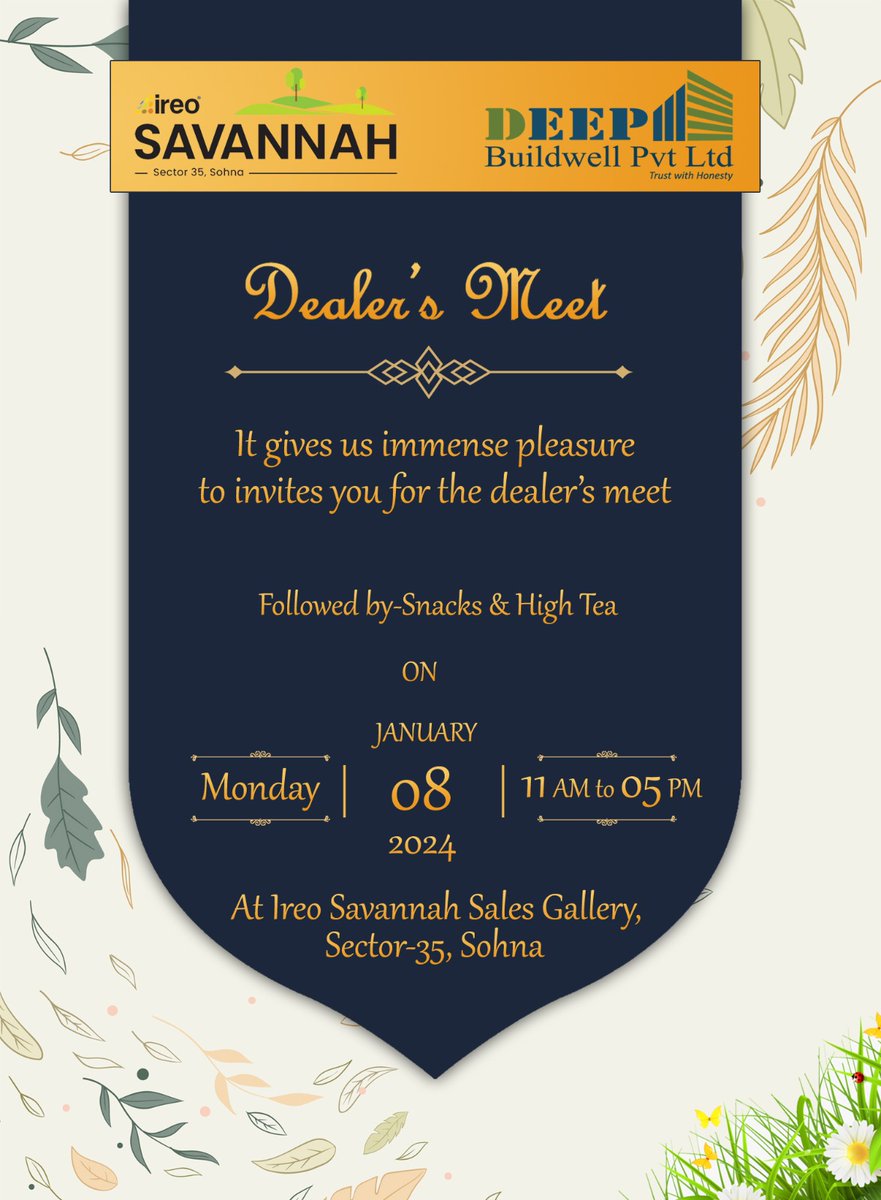 deepbuildwell's tweet photo. ❝𝐃𝐞𝐚𝐥𝐞𝐫'𝐬 𝐦𝐞𝐞𝐭❞
Date - 08 - Jan - 2024
Location :- Ireo Savannah Sales Gallery, Sector 35, Sohna
📞 9212020020
9540546000 https://t.co/pLwItoygtf