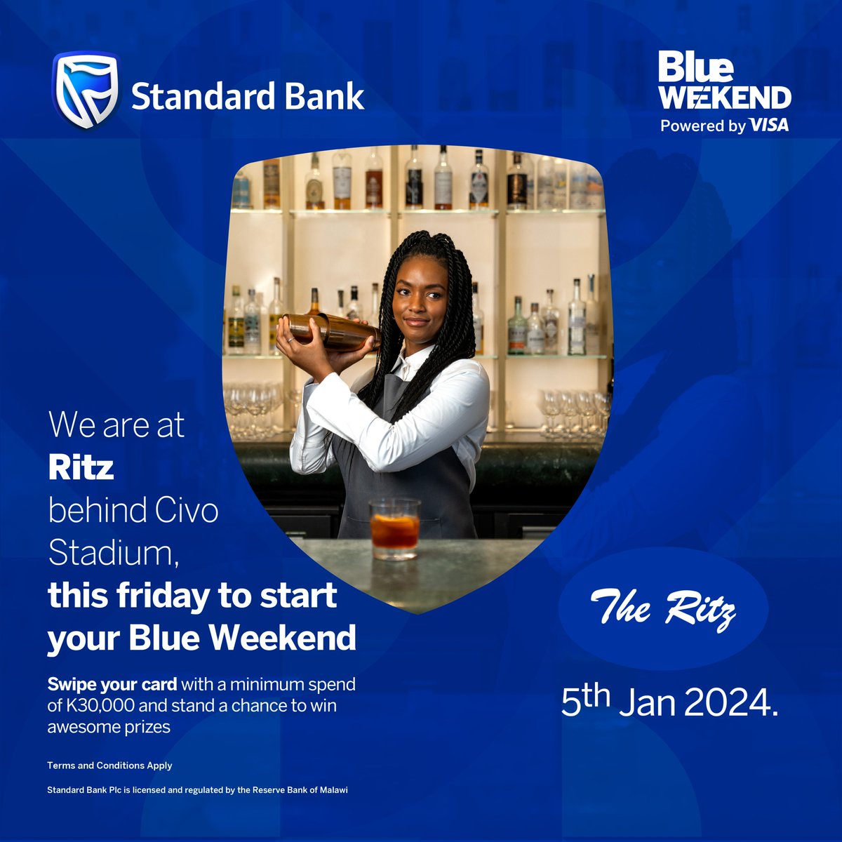 StandardBankMW's tweet photo. Start the year on a high note. Let's meet at Ritz (Behind Civo Stadium, Lilongwe) this evening for the first Blue Weekend of 2024.
Fabulous prizes await when you swipe with a minimum spend of MK30,000.
T&C apply.
#BlueWeekend https://t.co/sXCBZfHnX0