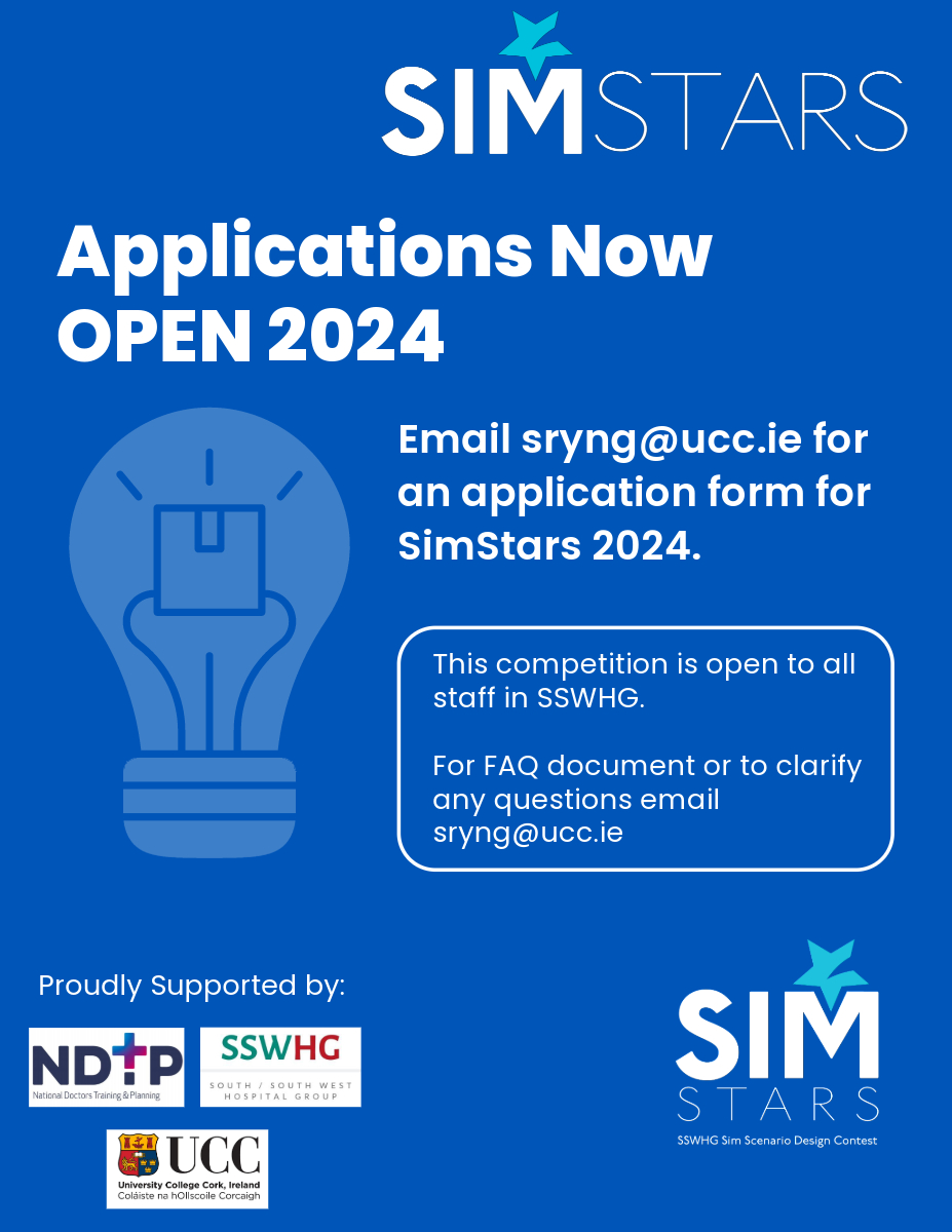 SimStarsIRL's tweet photo. Happy New Year Everyone. We are delighted to confirm that the applications for this years #SimStars are now open. Everyone who has emailed an enquiry should have received an application form by now. If you haven't please email sryng@ucc.ie to request. #SimStars24 #HCSim #SimTime https://t.co/n2ZpESGb7K