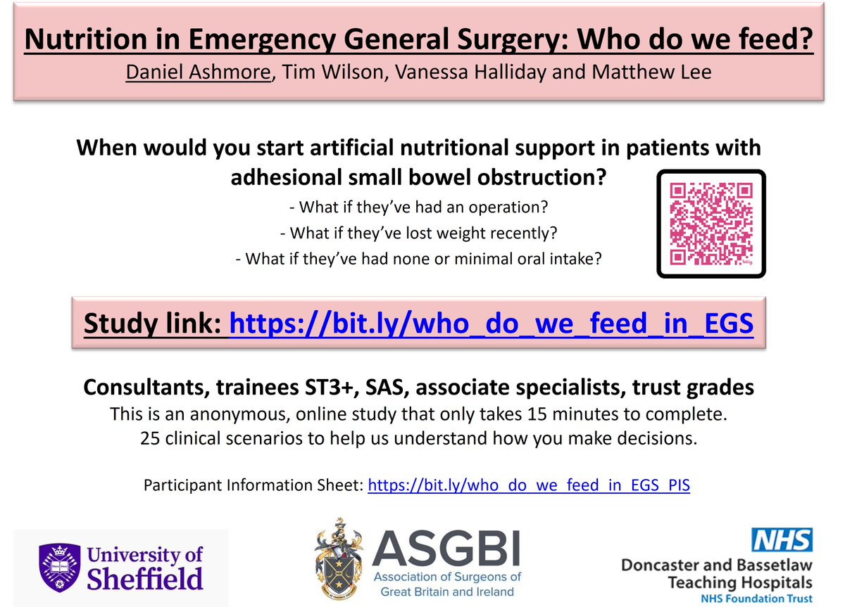 Who would you feed? 25 clinical scenarios to help us understand how you make decisions. Study: bit.ly/who_do_we_feed…. Open to consultants, trainees ST3+, SAS, associate specialists, trust grades Supported by ASGBI ✅ Anonymous ✅ Online/ your mobile ✅ Only takes 15 mins✅