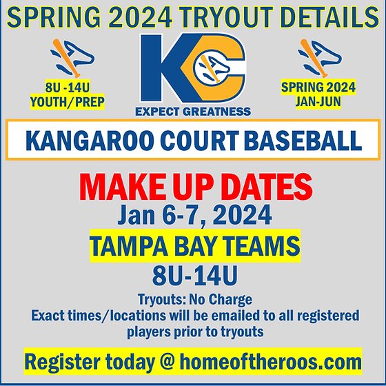 Make up tryouts tomorrow. Register at Homeoftheroos.com to get details!