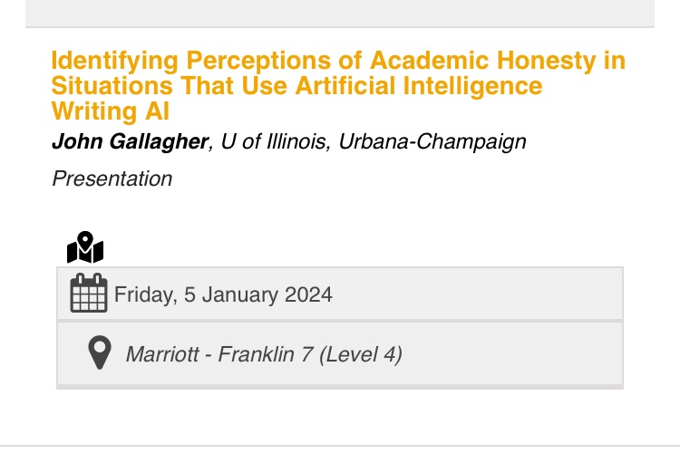 MereSophistry's tweet image. If you’re at #MLA2024 (#MLA24) come see me talk today at noon! I’ll be discussing academic dishonesty and AI using data a novel fully-experimental study.