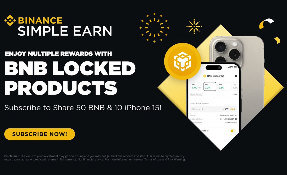 BNB Locked Products Promotion:
Subscribe to Share 50 #BNB &amp; 10 #iPhone15 This Holiday Season!

Join Now 👇
binance.com/en/activity/ma…
---------------------------------
#BTC #ETH #BITCOIN #Crypto #Ethereum #Giveaway #Airdrop #NFT #Blockchain #XRP #Web3 #Binance #NFTCommunity #TOKEN