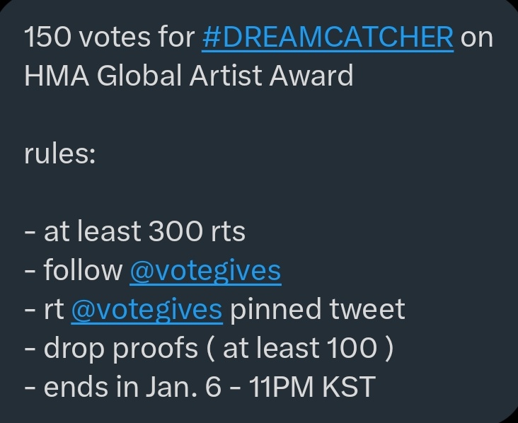 deukae2004's tweet photo. HMA: Global Artist Award  VOTE DEAL FOR #DREAMCATCHER

 📍 150 HMA tickets

✓ Follow @votegives
✓ at least 300 RT 
✓ rt @votegives pinned tweet 
✓ Drop proofs (at least 100)

Ends un January 6 - 11PM KST https://t.co/K67DkKrtxe