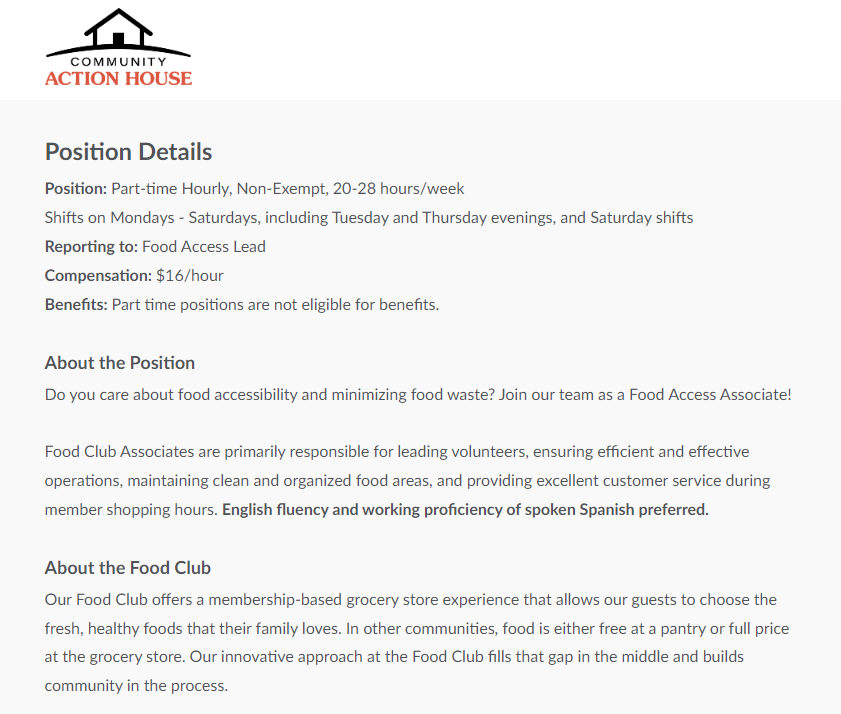 Are you passionate about food accessibility? Check out this new Food Club Associate position with Community Action House! Visit the link in our bio to view the posting and apply today!