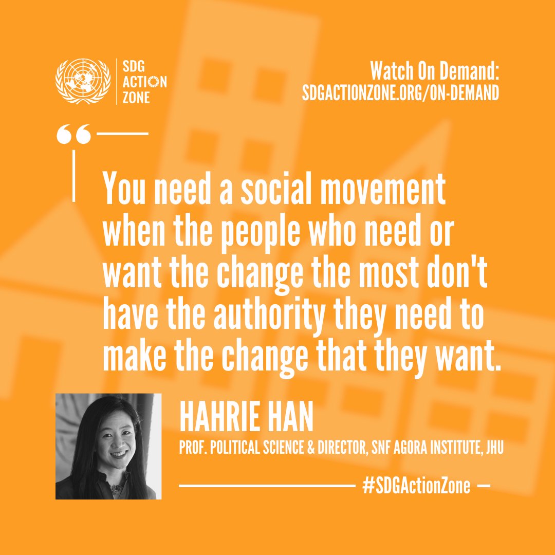 UN SDG Action Zone (@sdgactionzone) on Twitter photo 💬: @SNFAgoraJHU Director Prof. <a href="/hahriehan/">Hahrie Han 한 하 리</a> points out why we need social movements - "when the people who need it most don't have the authority to make the change they want".
Watch the full panel at sdgactionzone.org/on-demand.
--
#ForPeopleForPlanet #RaiseAccountability 💬: @SNFAgoraJHU Director Prof. <a href="/hahriehan/">Hahrie Han 한 하 리</a> points out why we need social movements - "when the people who need it most don't have the authority to make the change they want".
Watch the full panel at sdgactionzone.org/on-demand.
--
#ForPeopleForPlanet #RaiseAccountability