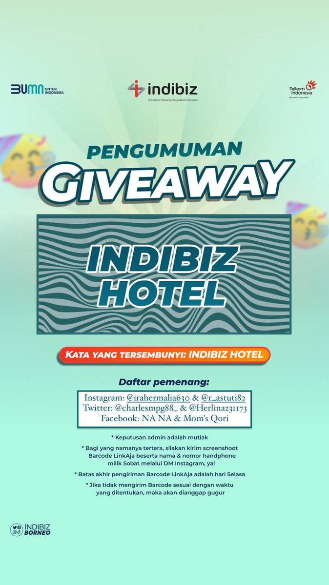 indibiz_borneo's tweet photo. @Indibiz_kalsel PENGUMUMAN NIH SOBIZ!

Selamat buat:
✅@charlesmpg88_
✅@Herlina231173 

Telah memenangkan kuis kali ini. Buat yang belum beruntung silahkan cek pin post kita ya Sobiz. Semoga beruntung.🥳 https://t.co/jYo4KQBrYw