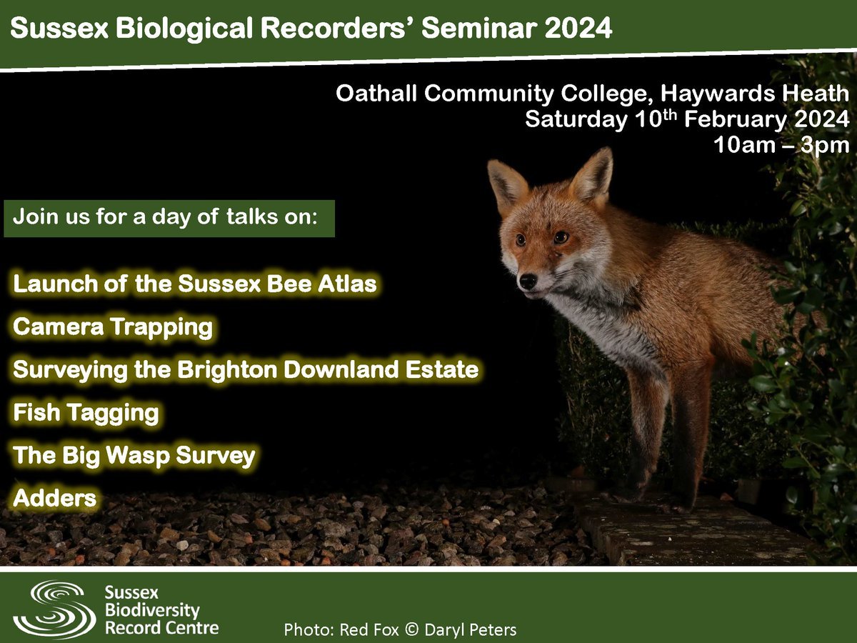 Join <a href="/SxBRC/">Sussex Biodiversity</a>  for the Sussex Biological Recorders' Seminar on the 10th February 2024, at Oathall Community College, Haywards Heath. We'll have talks on everything from bees to the seas! 

Tickets available here: sussexwildlifetrust.org.uk/whats-on/2024-…