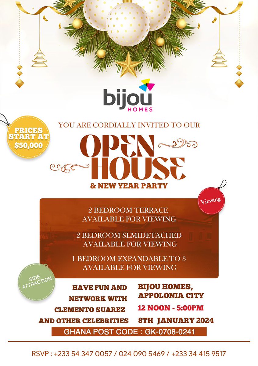 BijouHomes's tweet photo. YOU ARE CORDIALLY INVITED TO OUR
OPEN HOUSE &amp; NEW YEAR PARTY

HAVE FUN AND NETWORK WITH CLEMENTO SUAREZ
AND OTHER CELEBRITIES

DATE: 8TH JANUARY 2024
VENUE: BIJOU HOMES, APPOLONIA CITY
TIME: 12NOON - 5PM https://t.co/piCXLfhOMi