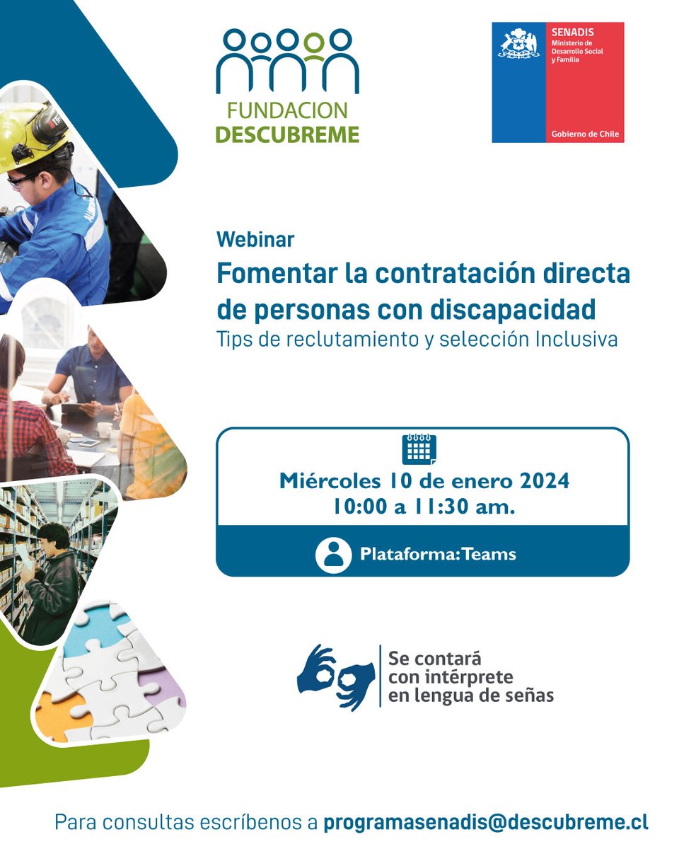 Fundación Descúbreme (@_descubreme) on Twitter photo Fundación Descúbreme y el <a href="/senadis_gob/">Senadis Chile</a>, como parte del programa de capacitación para promover la #InclusiónLaboral de personas con #discapacidad, te invita a participar en nuestro webinar.
📅 10 de enero
🕓 10:00 hrs
¡Inscríbete ahora! 👉 bit.ly/3GYL2VX Fundación Descúbreme y el <a href="/senadis_gob/">Senadis Chile</a>, como parte del programa de capacitación para promover la #InclusiónLaboral de personas con #discapacidad, te invita a participar en nuestro webinar.
📅 10 de enero
🕓 10:00 hrs
¡Inscríbete ahora! 👉 bit.ly/3GYL2VX