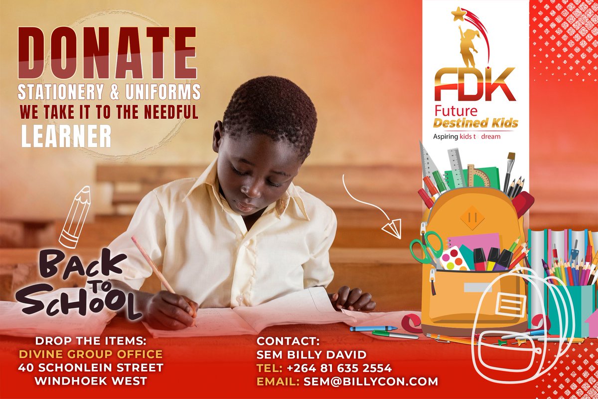 sem_billy's tweet photo. Back to School: Help us reach out to the needful learners by donating Uniforms and stationery. Be a blessing to someone. You can buy and drop items to our office:
40 Schonlein Street, Windhoek West

Contact:
Tel: 081 635 2554
Email: sem@billycon.com
#backtoschool
#Namibia https://t.co/ISyyfyXOZF