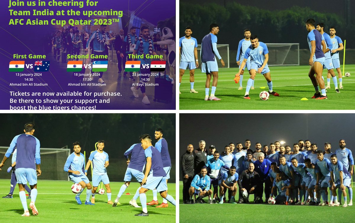 IndEmbDoha's tweet photo. Indian national team gearing up for the Asian Cup AFC 2023 in Doha. Let's cheer and support the blue tigers on 13, 18 and 23 January in large numbers! https://t.co/PlkUqxnbNr