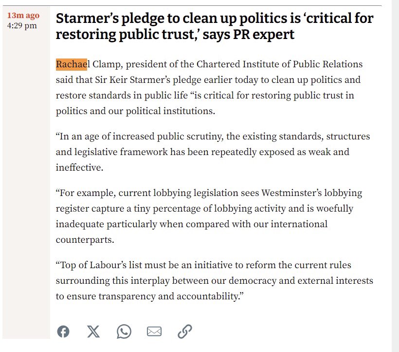 Great to see new @CIPR_Global President, @Rachael_Clamp quoted in @theipaper’s live blog of Kier Starmer’s speech yesterday. She is absolutely right to identify that cleaning up politics is “critical for restoring public trust”.