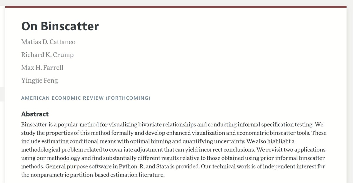 CavaliereGiu's tweet image. Hi #EconTwitter!
Are you an applied economist who loves data visualization and binscatters? 📊📈
Don't miss👇this newly accepted paper in the American Economic Review by Cattaneo (@princeton), Crump (@NewYorkFed), Farrell (@UCSB) & Feng (Tsinghua U)!
They provide a lot of…