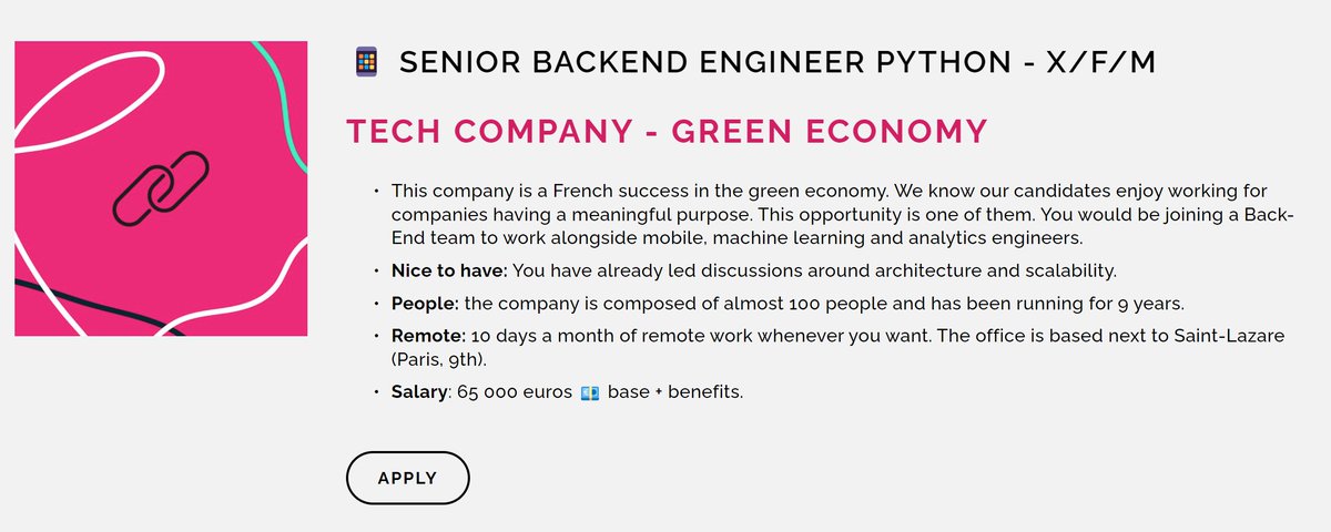 Caroline Chavier (@mrscaroline_c) on Twitter photo En ce moment, je travaille sur un poste fascinant qui mêle #Python, architecture, scalabilité et applications mobiles. 
C'est assez rare et c'est pour travailler pour une #GreenTech theallyance.one/jobs
Clin d'oeil pour mes amies de <a href="/PyLadiesParis/">PyLadies Paris</a> <a href="/pyladies/">PyLadies</a> #TechJobs En ce moment, je travaille sur un poste fascinant qui mêle #Python, architecture, scalabilité et applications mobiles. 
C'est assez rare et c'est pour travailler pour une #GreenTech theallyance.one/jobs
Clin d'oeil pour mes amies de <a href="/PyLadiesParis/">PyLadies Paris</a> <a href="/pyladies/">PyLadies</a> #TechJobs
