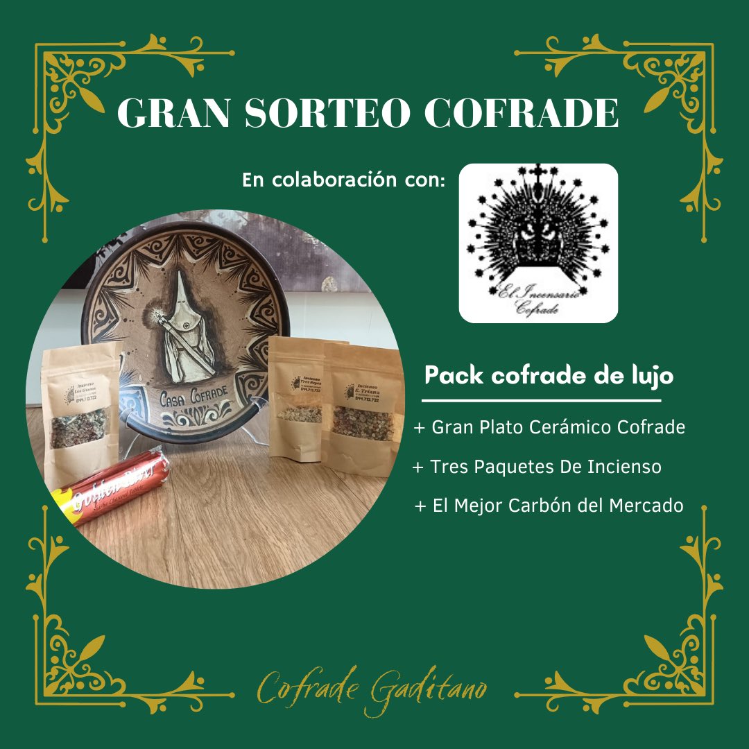 Cofradegaditan1's tweet photo. 🟢𝗚𝗥𝗔𝗡 𝗦𝗢𝗥𝗧𝗘𝗢 𝗖𝗢𝗙𝗥𝗔𝗗𝗘🟢

Para celebrar el final de la Navidad, os traemos un gran sorteo cofrade de la mano de El Inciensario Cofrade

▪️Para participar debes: 

📲 Seguirnos 

❤️Dar retweet y me gusta a este post  

𝑪𝒖𝒂𝒍𝒒𝒖𝒊𝒆𝒓𝒂 𝒑𝒖𝒆𝒅𝒆 𝒈𝒂𝒏𝒂𝒓‼️ https://t.co/FvsNuooFRy