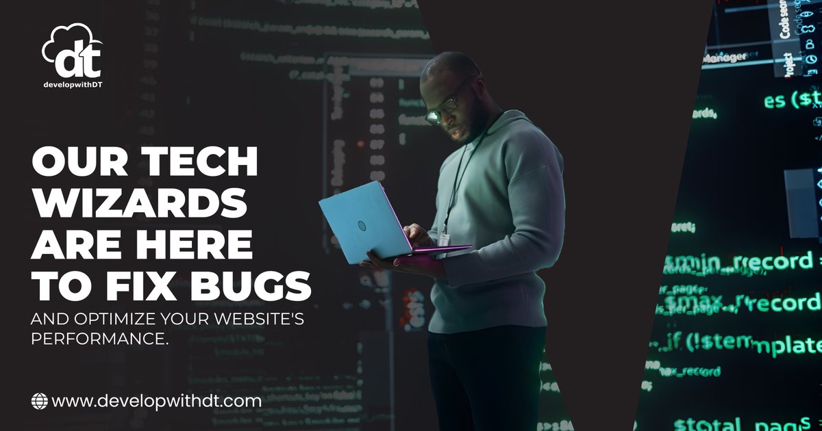 DevWithDT's tweet image. Tired of persistent bugs slowing down your website? Our tech wizards specialize in bug fixing and optimizing your website to ensure a smooth and secure online experience. Elevate your online presence with our expertise. Visit our website developwithdt.com for more info !