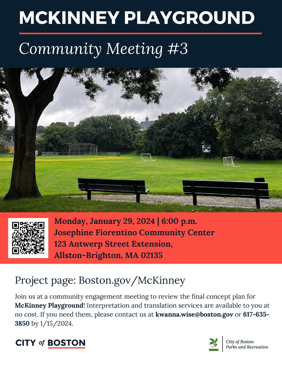 🌳Our parks are invaluable assets. McKinney Playground holds space for recreation, for families, & tree canopy in #BrightonMA. Jan 29: Public meeting in the Fiorentino Community Cntr. Hosted by #BostonParks. Translation services upon request. boston.gov/mckinney