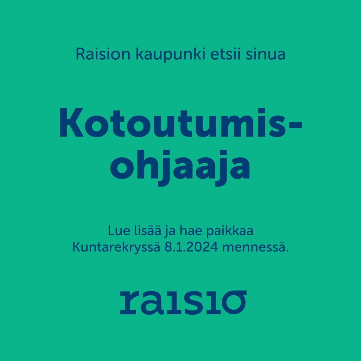 Raisionkaupunki's tweet photo. Haemme Raision kotoutumispalveluihin ohjaajaa. Ohjaajan tehtävänä on tukea ja ohjata maahanmuuttaja-asiakkaita sekä kehittää Raision kotoutumispalveluiden työmuotoja muun tiimin kanssa.

Lue lisää ja hae paikkaa Kuntarekryssä:
https://t.co/7068J8WOMq

#raisio #kotoutumisohjaaja https://t.co/UgCZfhBnrh