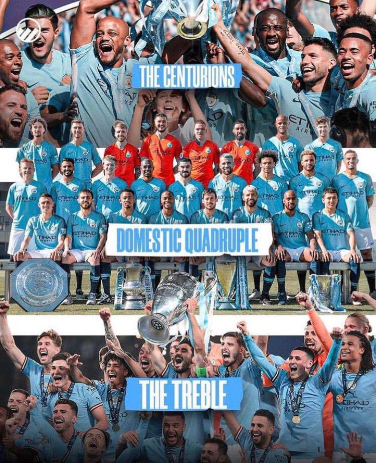 ManKippax's tweet photo. Weโve won the Centurions.
Weโve won the domestic Quadruple.
Weโve won the Trebleโผ๏ธ
We are Manchester City๐ฉต The best team in the land and all the world โ
โ
#Fourmidables #Treble #UCL https://t.co/NncPAMkc8l